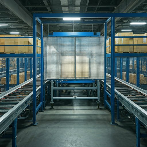 Automated conveyor system in a modern distribution center with cool industrial lighting