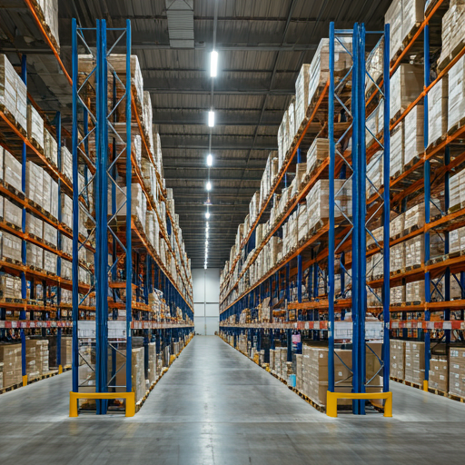 Massive modern logistics warehouse interior with towering racks of palletized goods