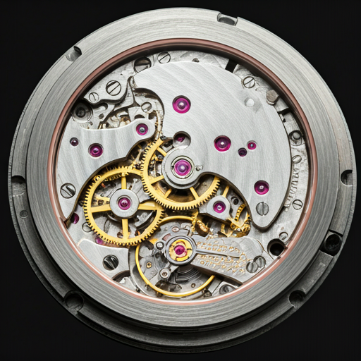 Close up of a luxury mechanical watch movement showing intricate gears and craftsmanship