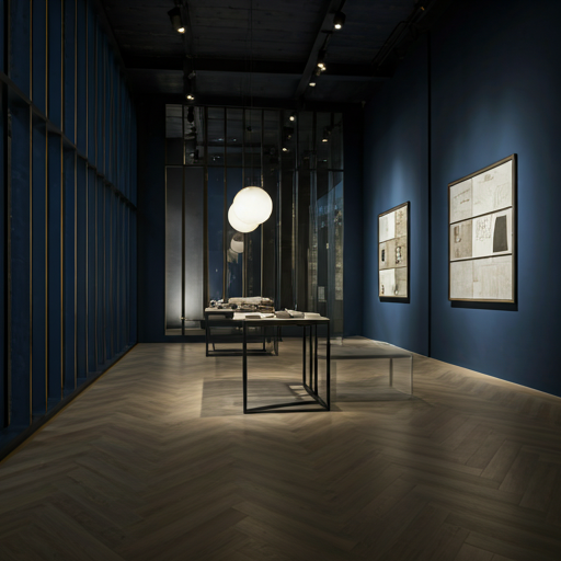 Luxury showroom interior with warm spotlighting on high-end materials